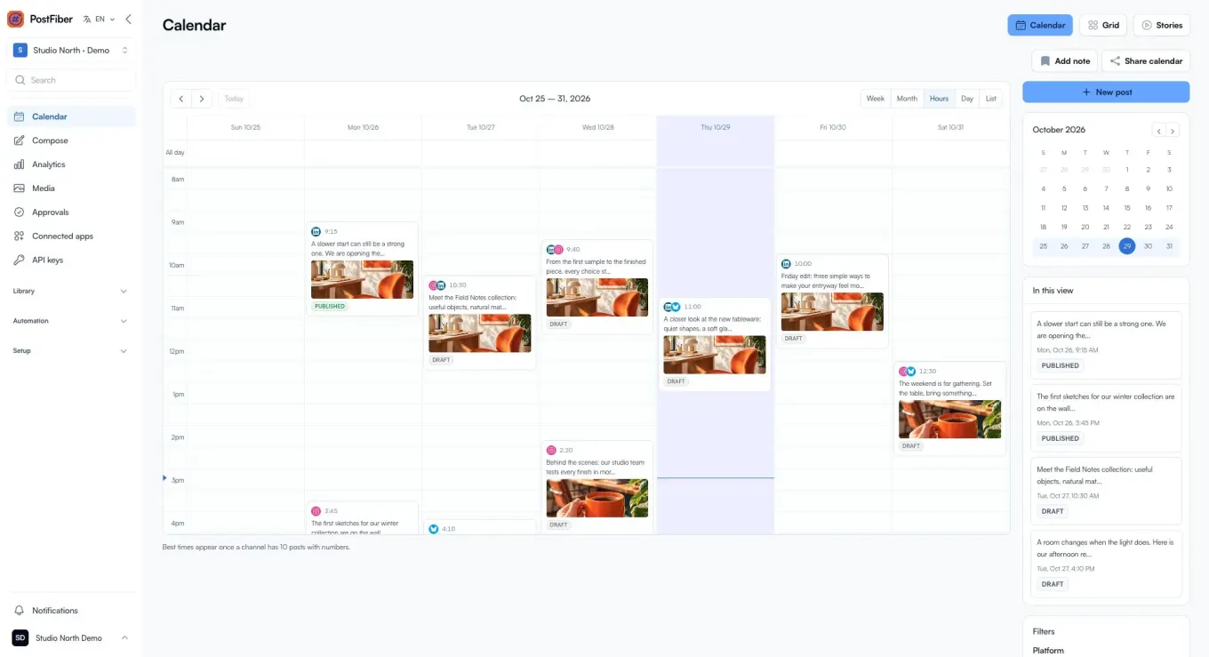 The PostFiber calendar showing scheduled posts, media previews and publishing statuses.
