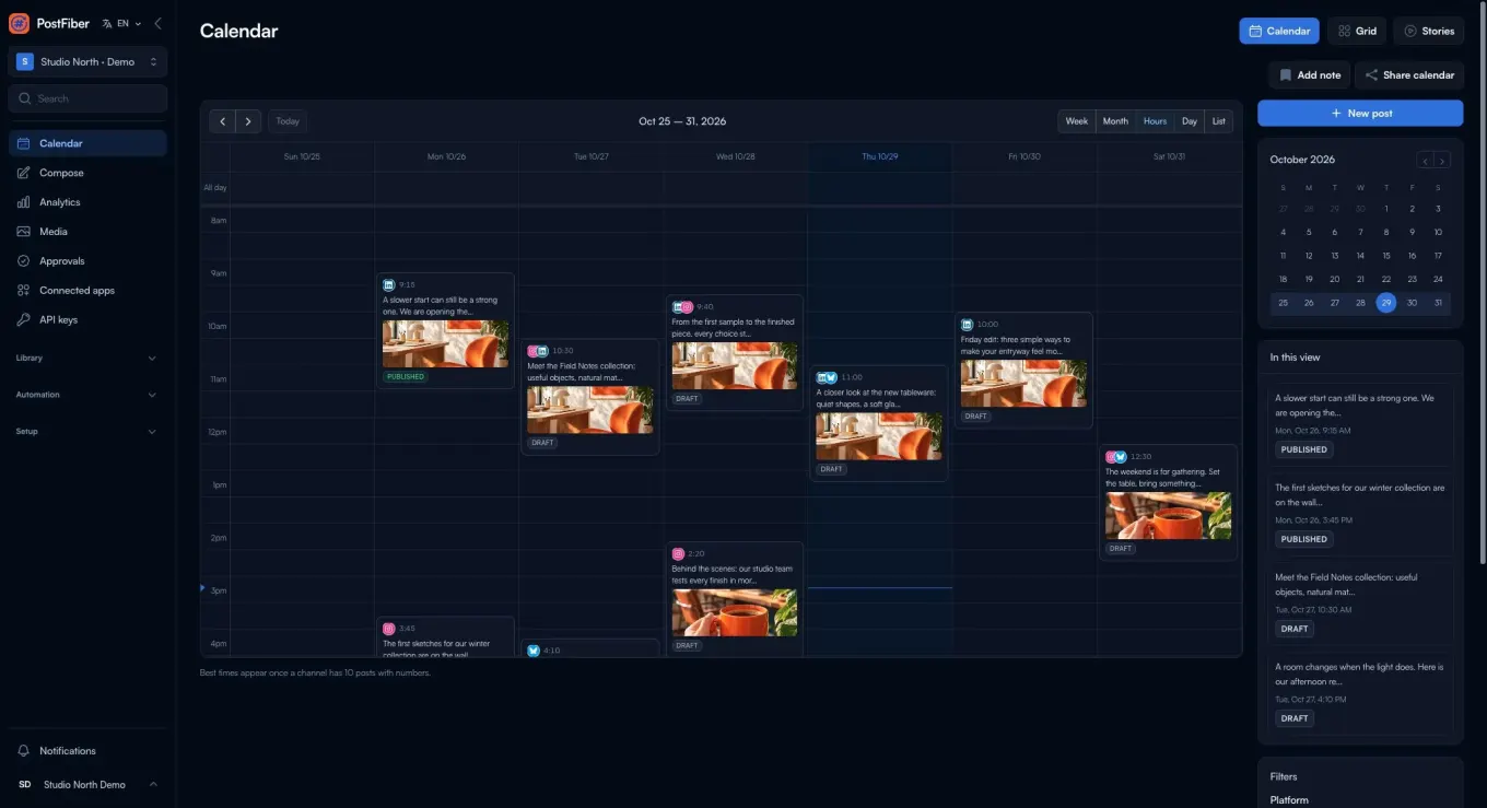 The PostFiber calendar showing scheduled posts, media previews and publishing statuses.